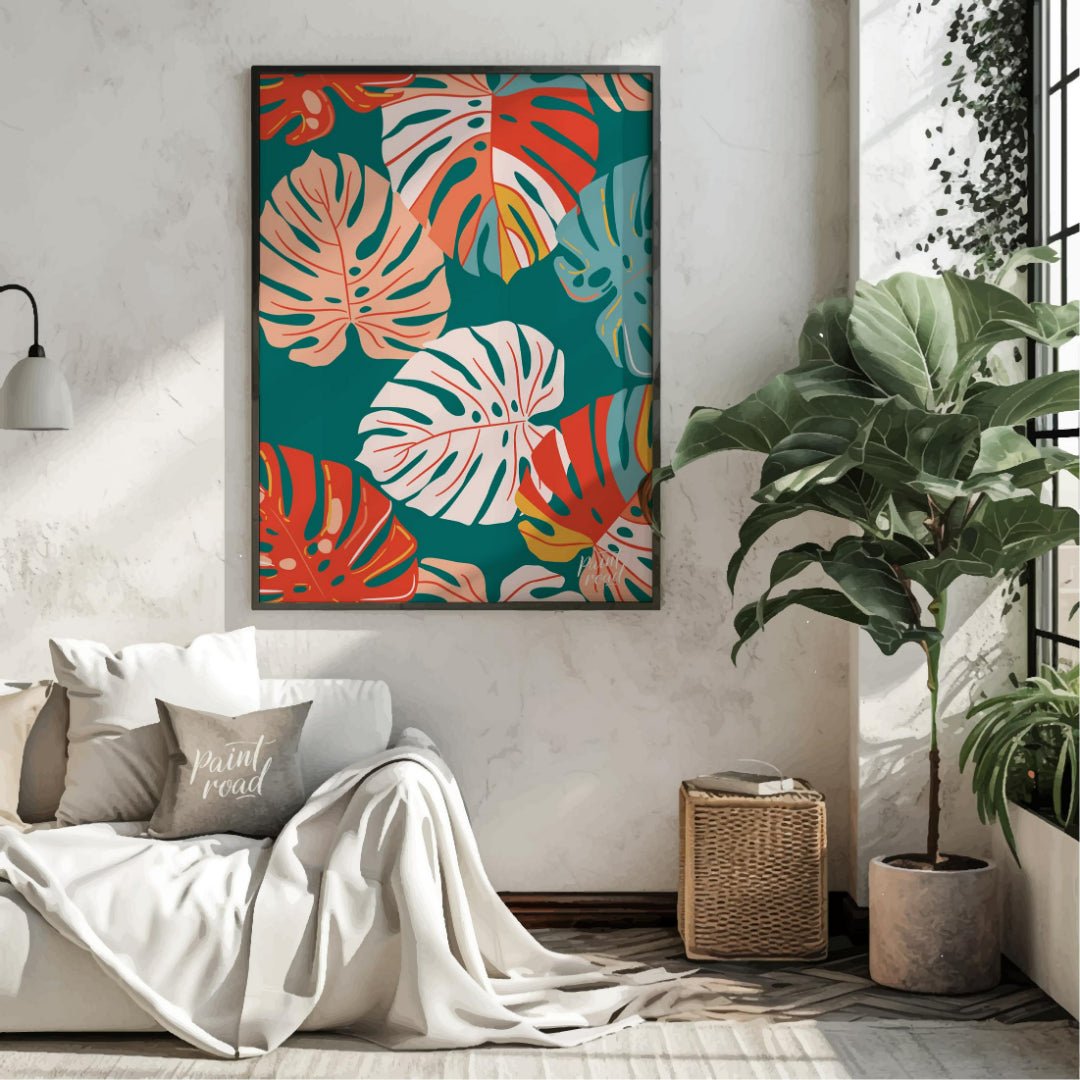 This vibrant digital pattern features a dense arrangement of stylized Monstera leaves, rendered in … for living room