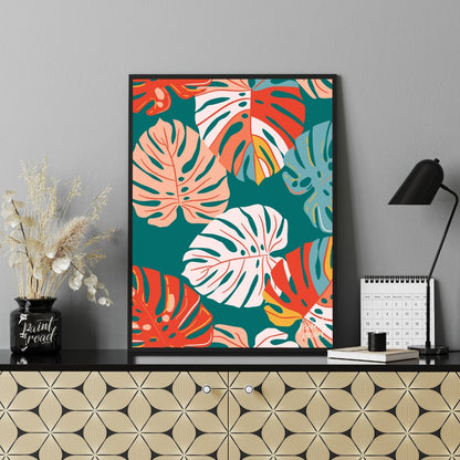 This vibrant digital pattern features a dense arrangement of stylized Monstera leaves, rendered in … for office