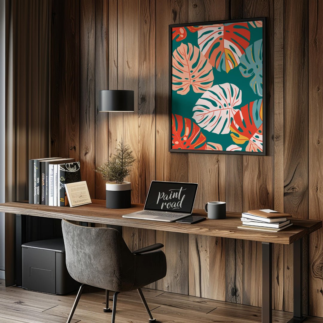 This vibrant digital pattern features a dense arrangement of stylized Monstera leaves, rendered in … for office