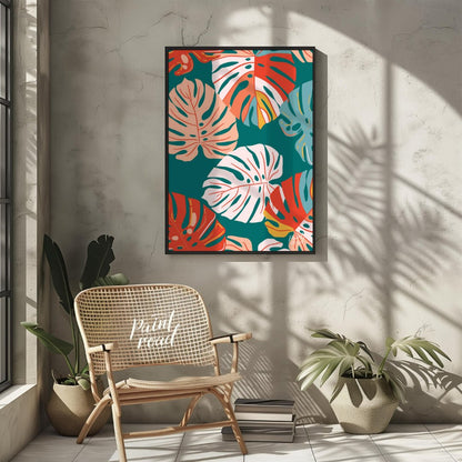This vibrant digital pattern features a dense arrangement of stylized Monstera leaves, rendered in … for other