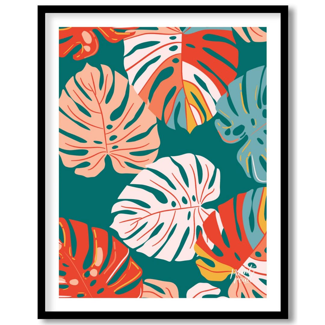 This vibrant digital pattern features a dense arrangement of stylized Monstera leaves, rendered in … for room