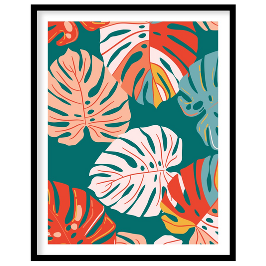 This vibrant digital pattern features a dense arrangement of stylized Monstera leaves, rendered in … for room