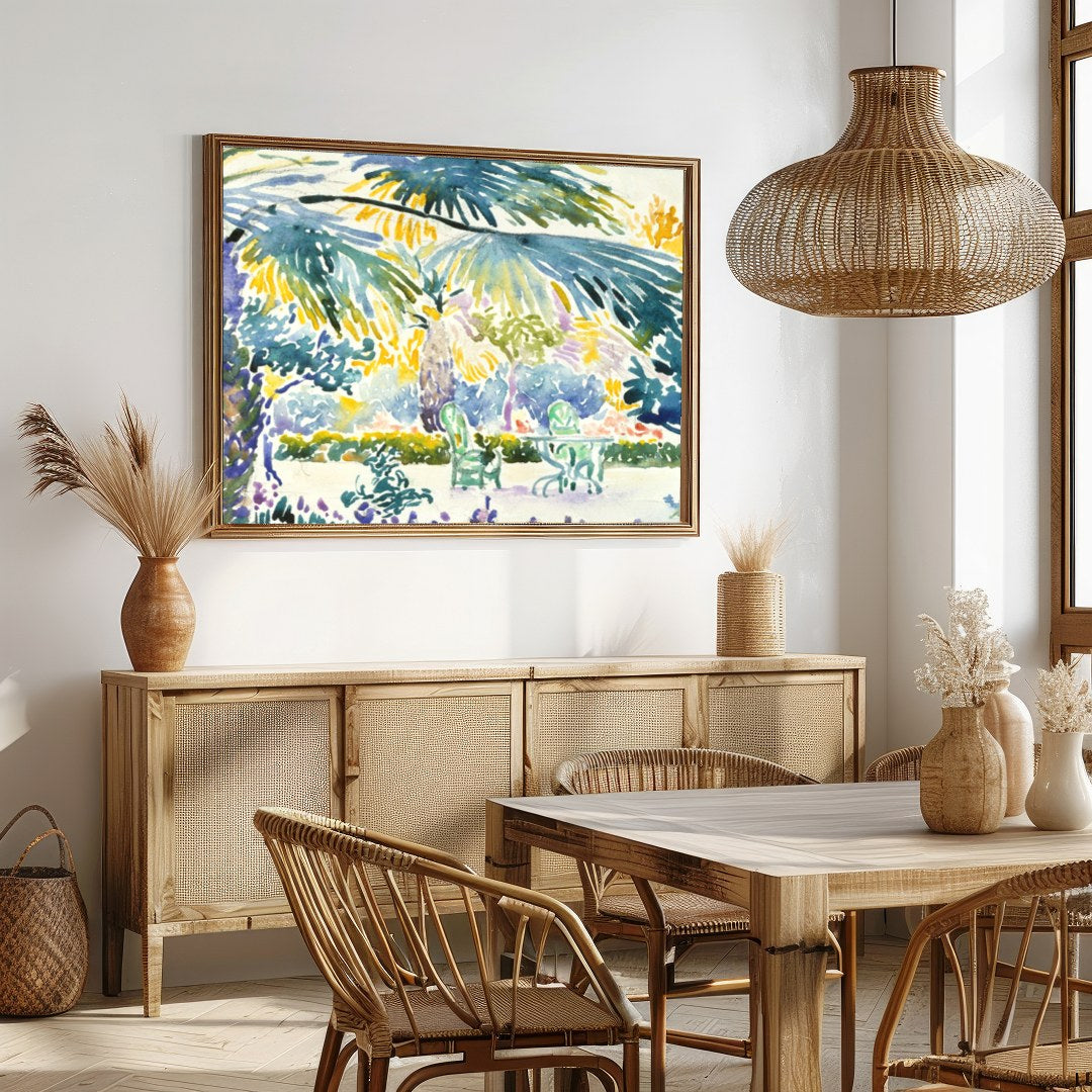 Immerse yourself in the vibrant serenity of this tropical oasis watercolor. The lush greenery and for Dining