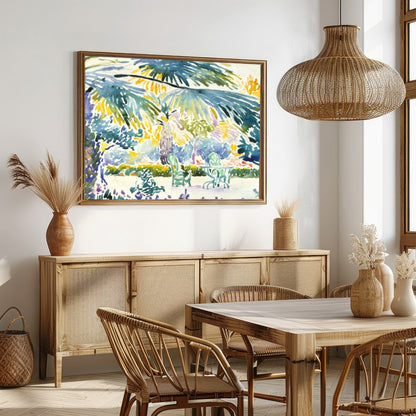 Immerse yourself in the vibrant serenity of this tropical oasis watercolor. The lush greenery and for Dining
