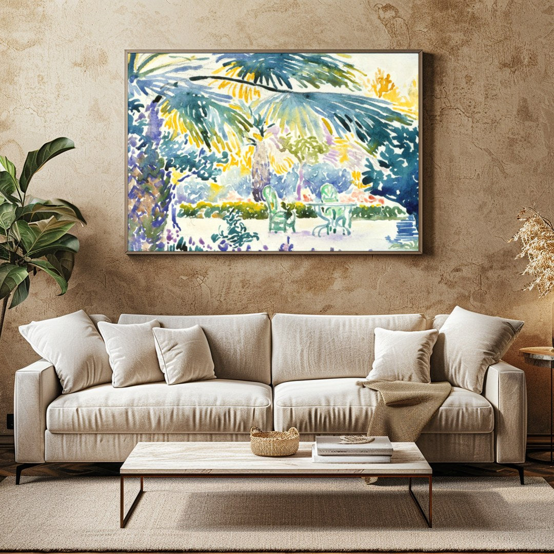 Immerse yourself in the vibrant serenity of this tropical oasis watercolor. The lush greenery and for Family Room