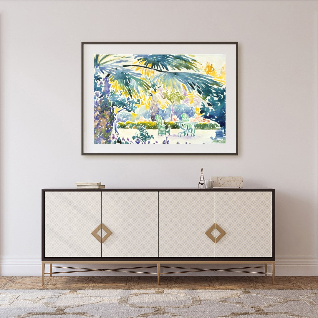 Immerse yourself in the vibrant serenity of this tropical oasis watercolor. The lush greenery and for Foyer