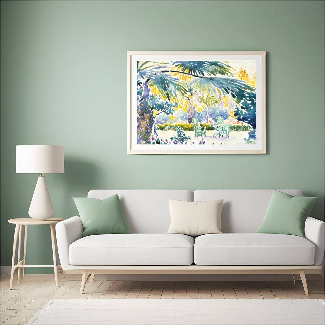 Immerse yourself in the vibrant serenity of this tropical oasis watercolor. The lush greenery and for Hall