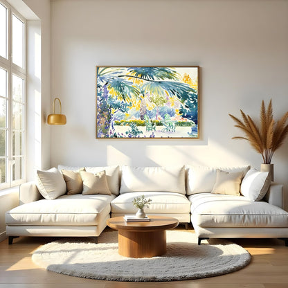 Immerse yourself in the vibrant serenity of this tropical oasis watercolor. The lush greenery and for Living Room