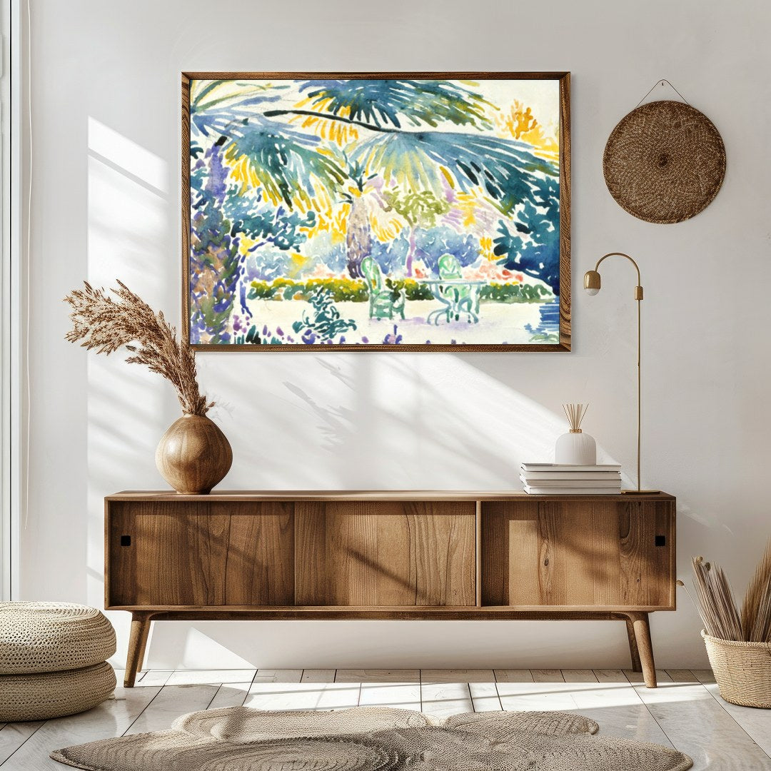 Immerse yourself in the vibrant serenity of this tropical oasis watercolor. The lush greenery and for Sitting Area