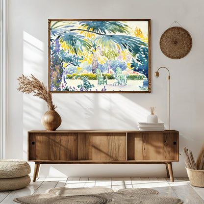 Immerse yourself in the vibrant serenity of this tropical oasis watercolor. The lush greenery and for Sitting Area