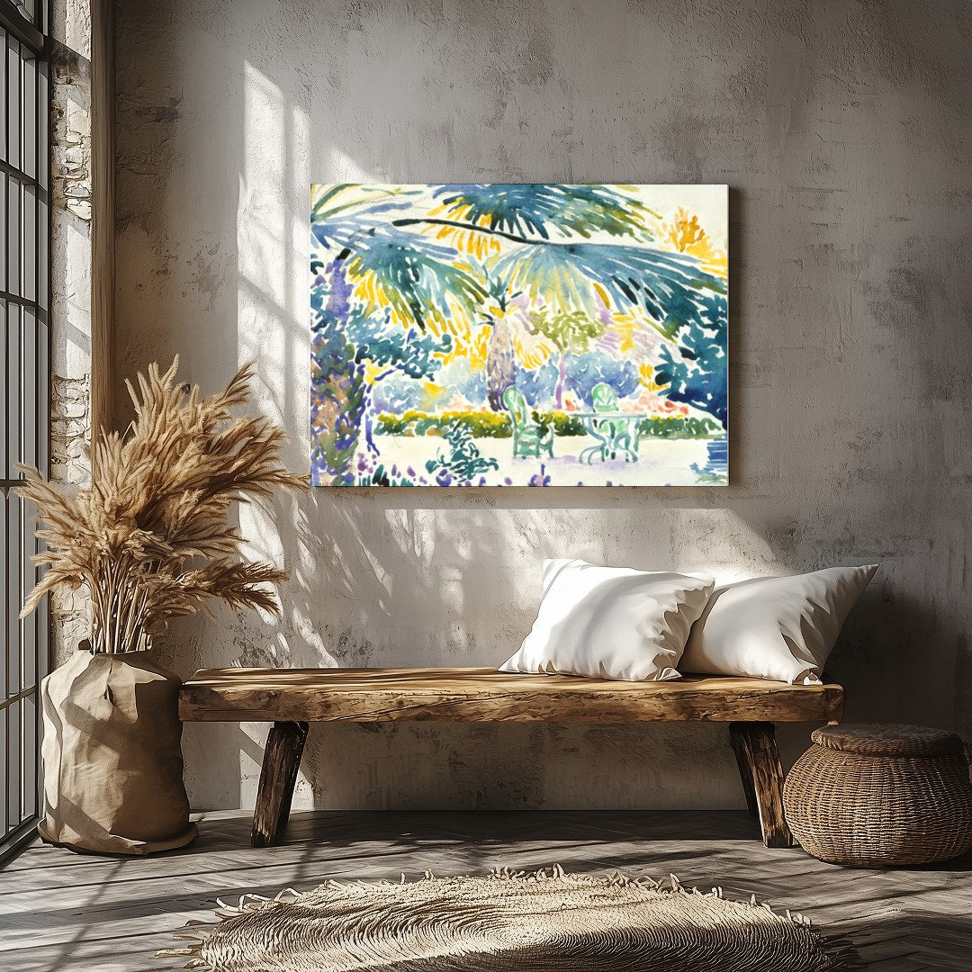 Immerse yourself in the vibrant serenity of this tropical oasis watercolor. The lush greenery and for Veranda