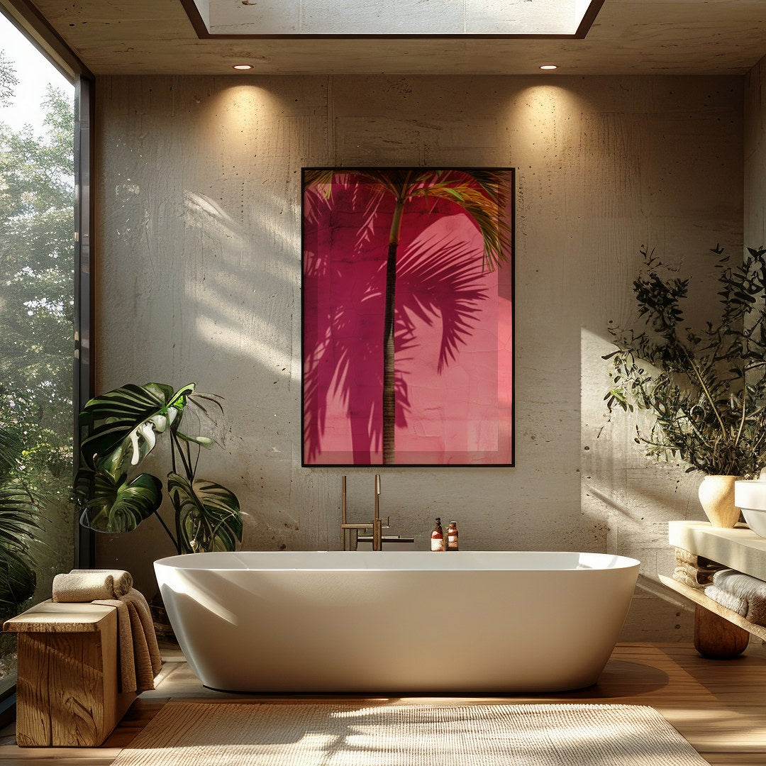 This vibrant artwork captures the essence of tropical serenity with a single palm tree casting its for Bathroom