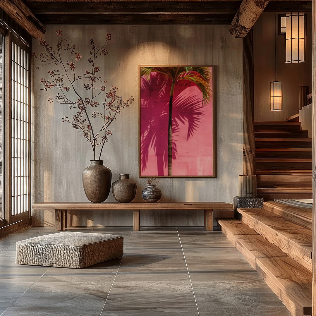 This vibrant artwork captures the essence of tropical serenity with a single palm tree casting its for Hall