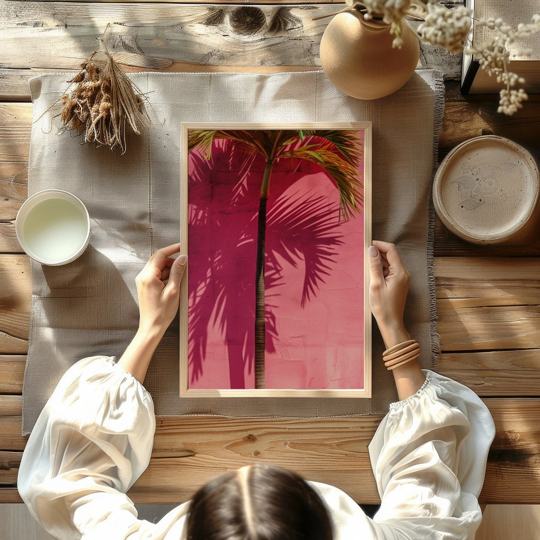 This vibrant artwork captures the essence of tropical serenity with a single palm tree casting its for Kitchen