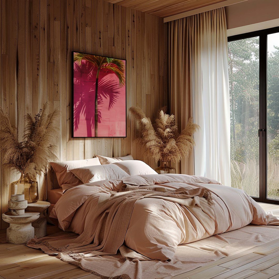 This vibrant artwork captures the essence of tropical serenity with a single palm tree casting its for nook