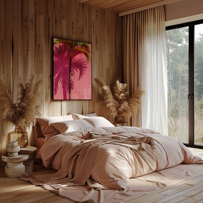 This vibrant artwork captures the essence of tropical serenity with a single palm tree casting its for nook