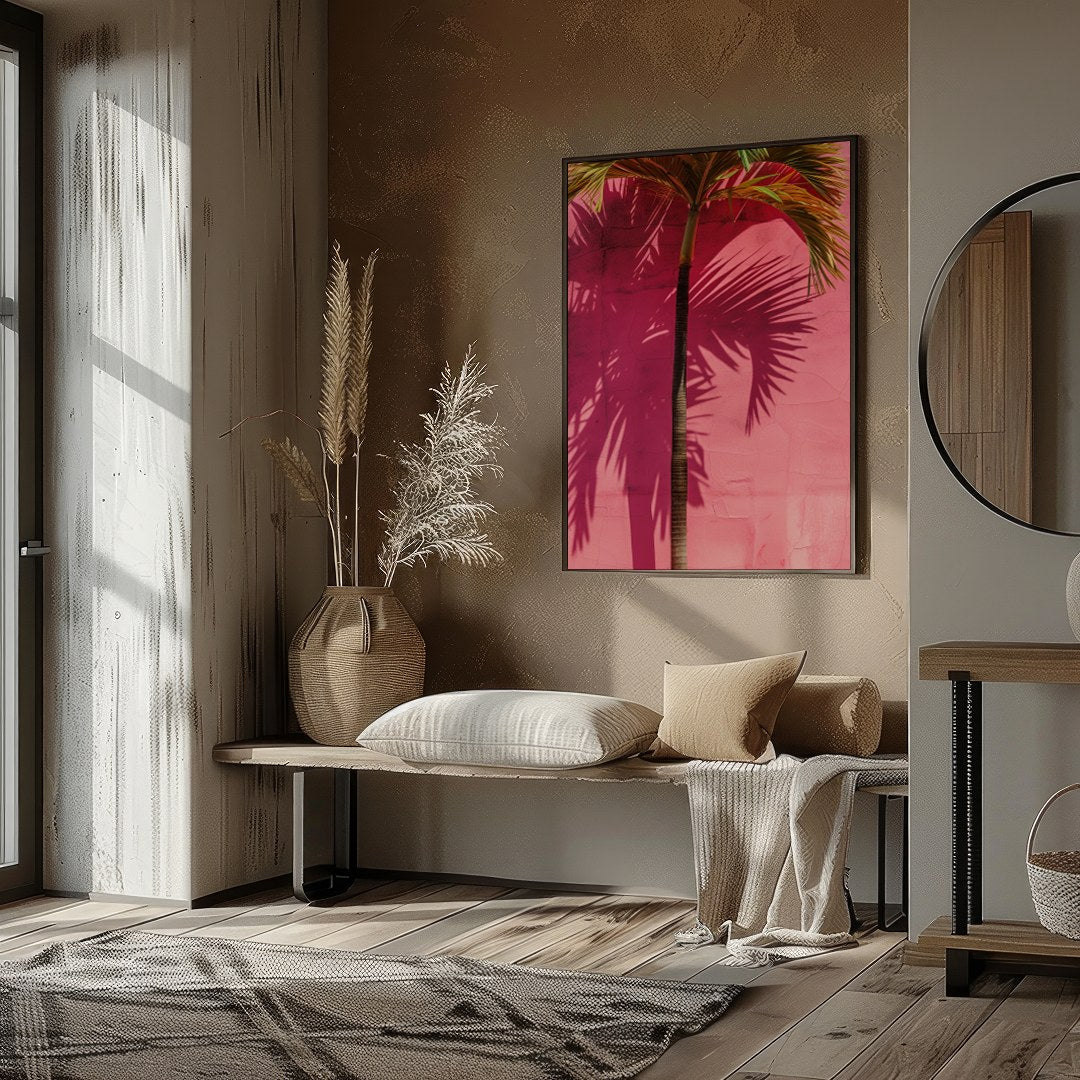 This vibrant artwork captures the essence of tropical serenity with a single palm tree casting its for retreat