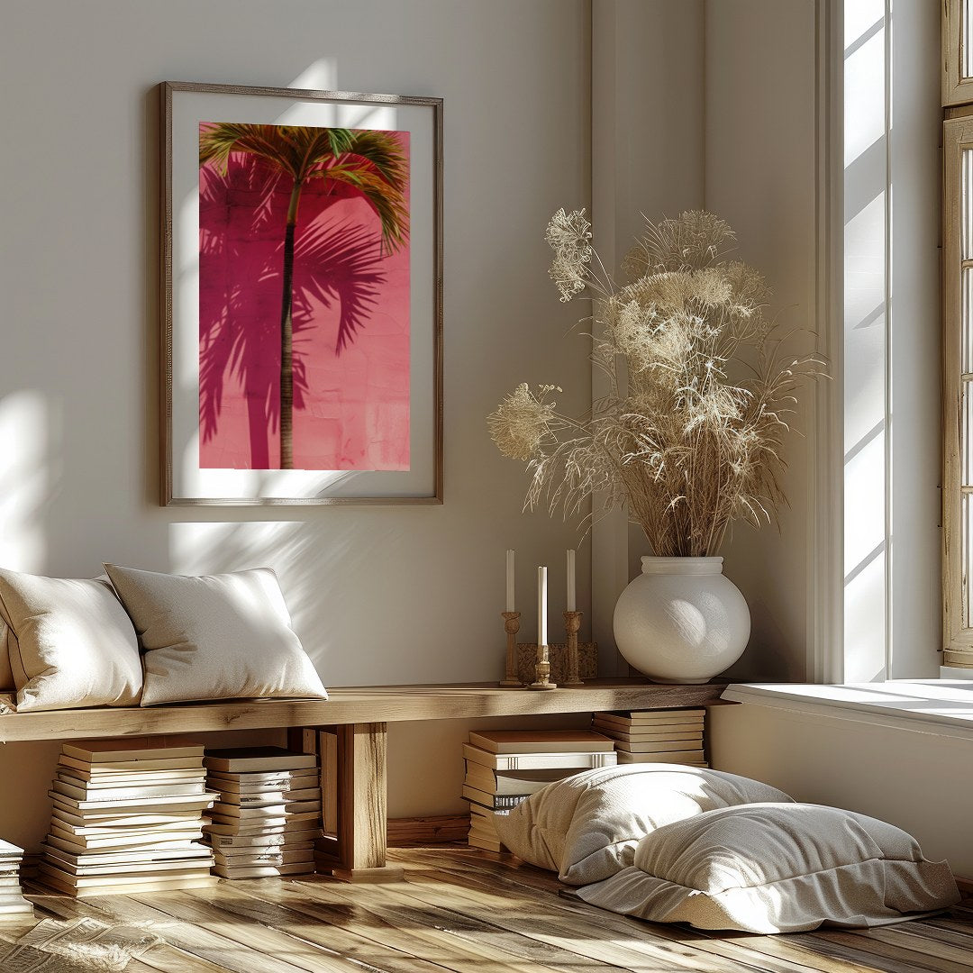This vibrant artwork captures the essence of tropical serenity with a single palm tree casting its for studio