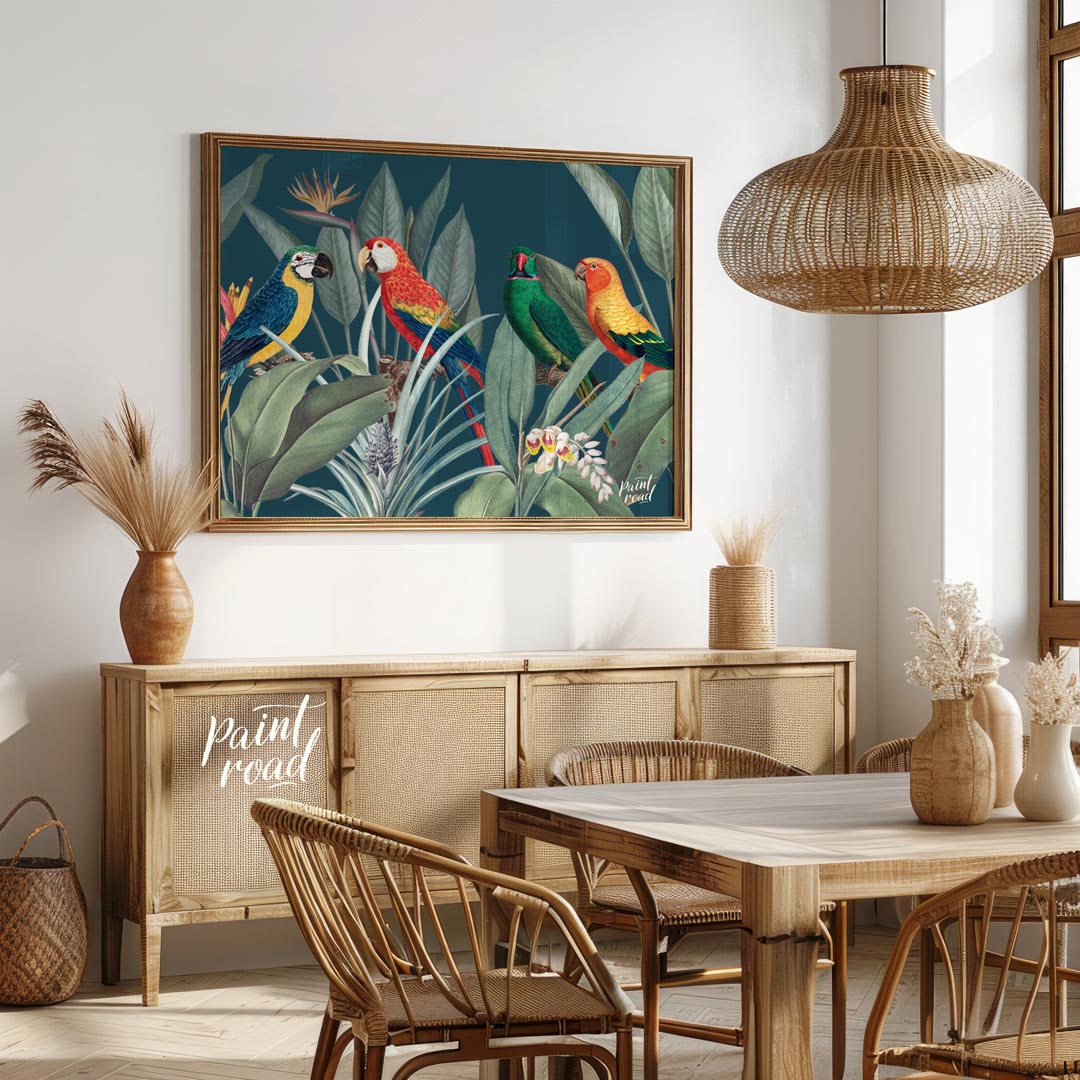 This vibrant and lush illustration captures a lively gathering of four colorful parrots amidst a ri… for dining room