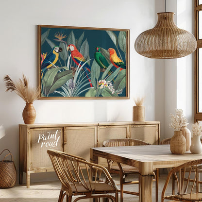 This vibrant and lush illustration captures a lively gathering of four colorful parrots amidst a ri… for dining room