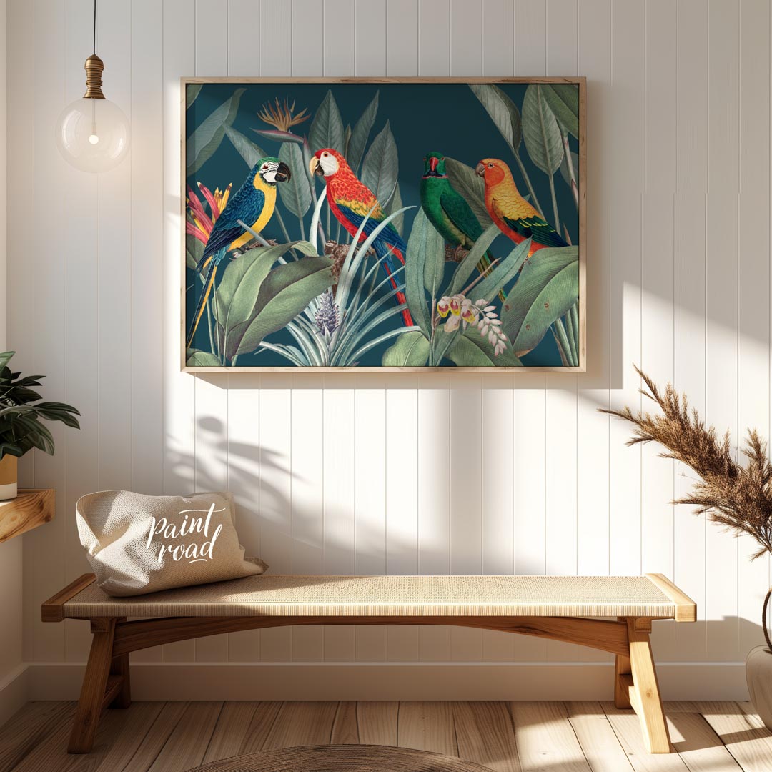 This vibrant and lush illustration captures a lively gathering of four colorful parrots amidst a ri… for entryway