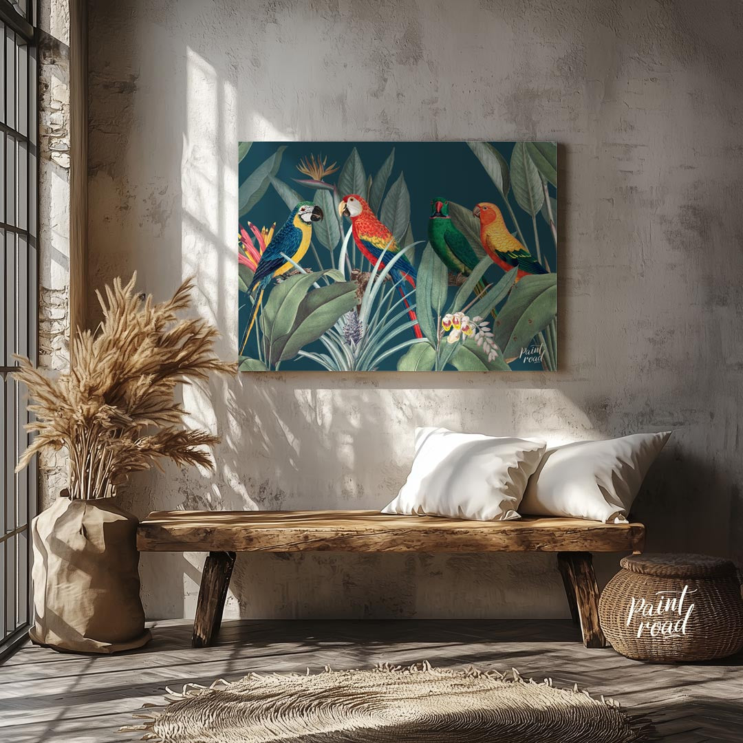 This vibrant and lush illustration captures a lively gathering of four colorful parrots amidst a ri… for entryway