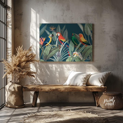 This vibrant and lush illustration captures a lively gathering of four colorful parrots amidst a ri… for entryway