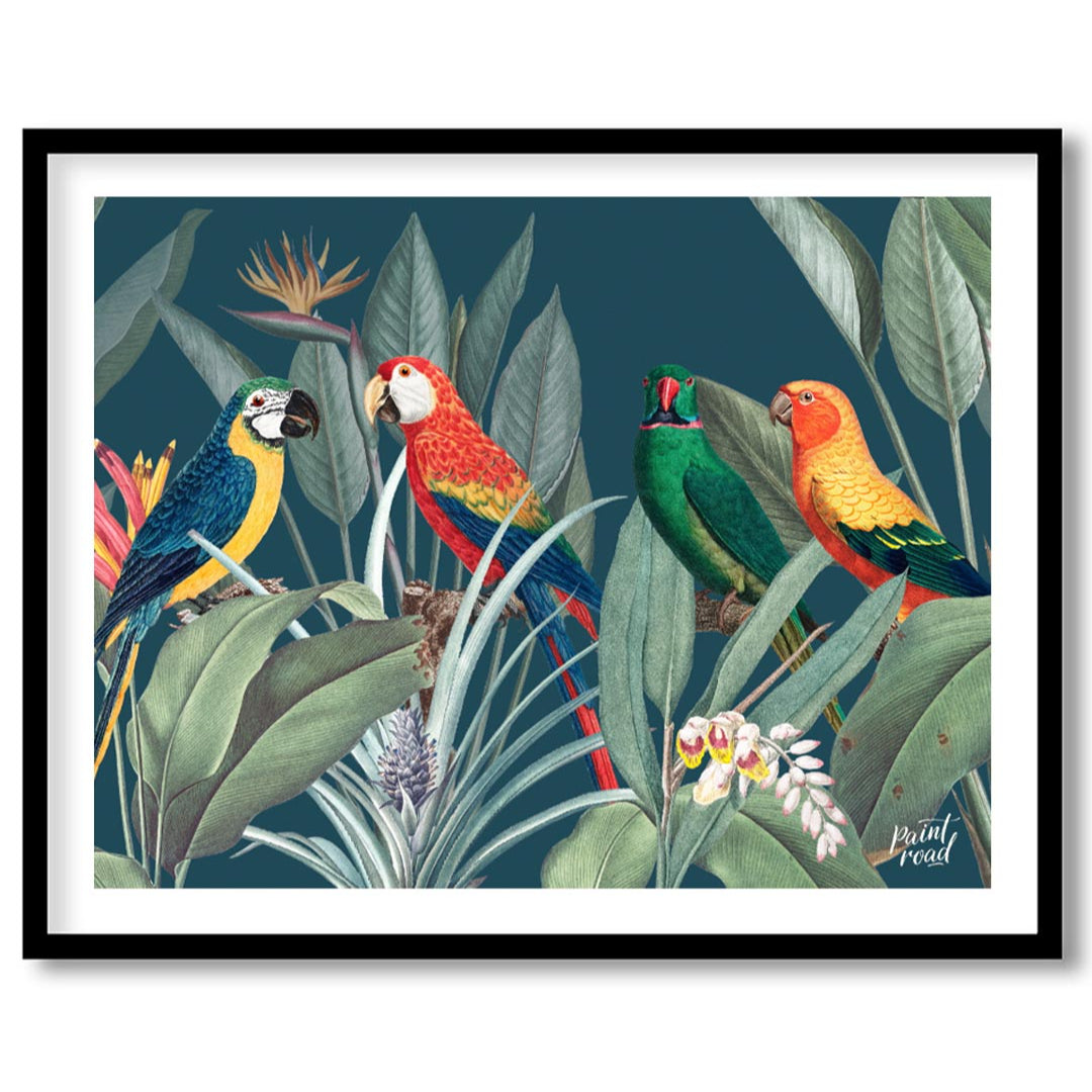 This vibrant and lush illustration captures a lively gathering of four colorful parrots amidst a ri… for home