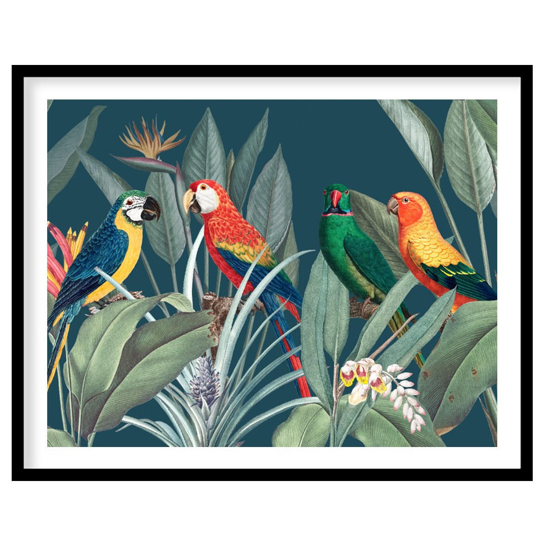 This vibrant and lush illustration captures a lively gathering of four colorful parrots amidst a ri… for home