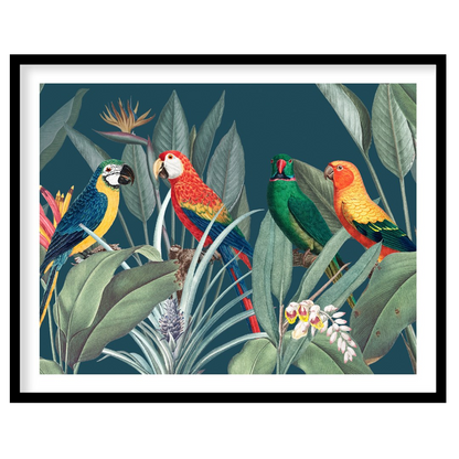 This vibrant and lush illustration captures a lively gathering of four colorful parrots amidst a ri… for home