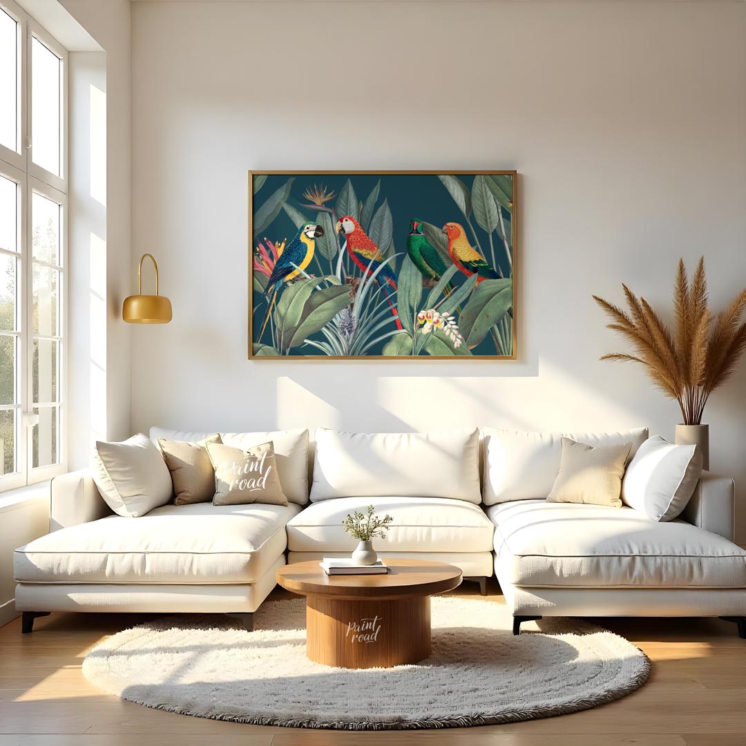 This vibrant and lush illustration captures a lively gathering of four colorful parrots amidst a ri… for living room