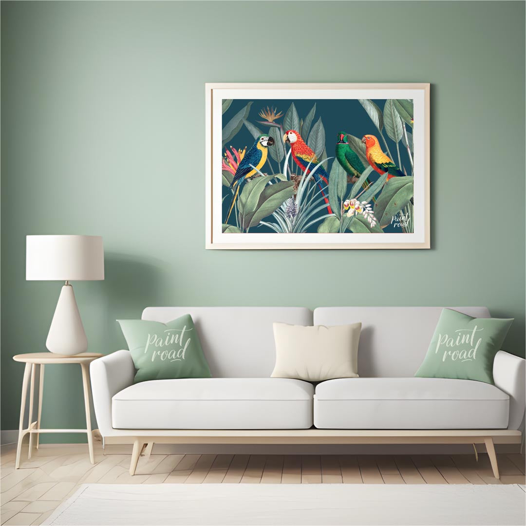 This vibrant and lush illustration captures a lively gathering of four colorful parrots amidst a ri… for living room