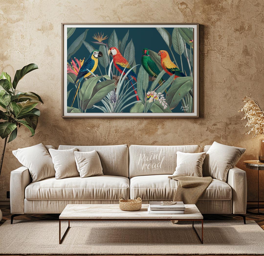 This vibrant and lush illustration captures a lively gathering of four colorful parrots amidst a ri… for living room
