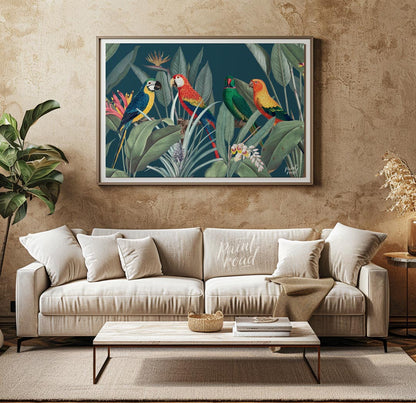 This vibrant and lush illustration captures a lively gathering of four colorful parrots amidst a ri… for living room