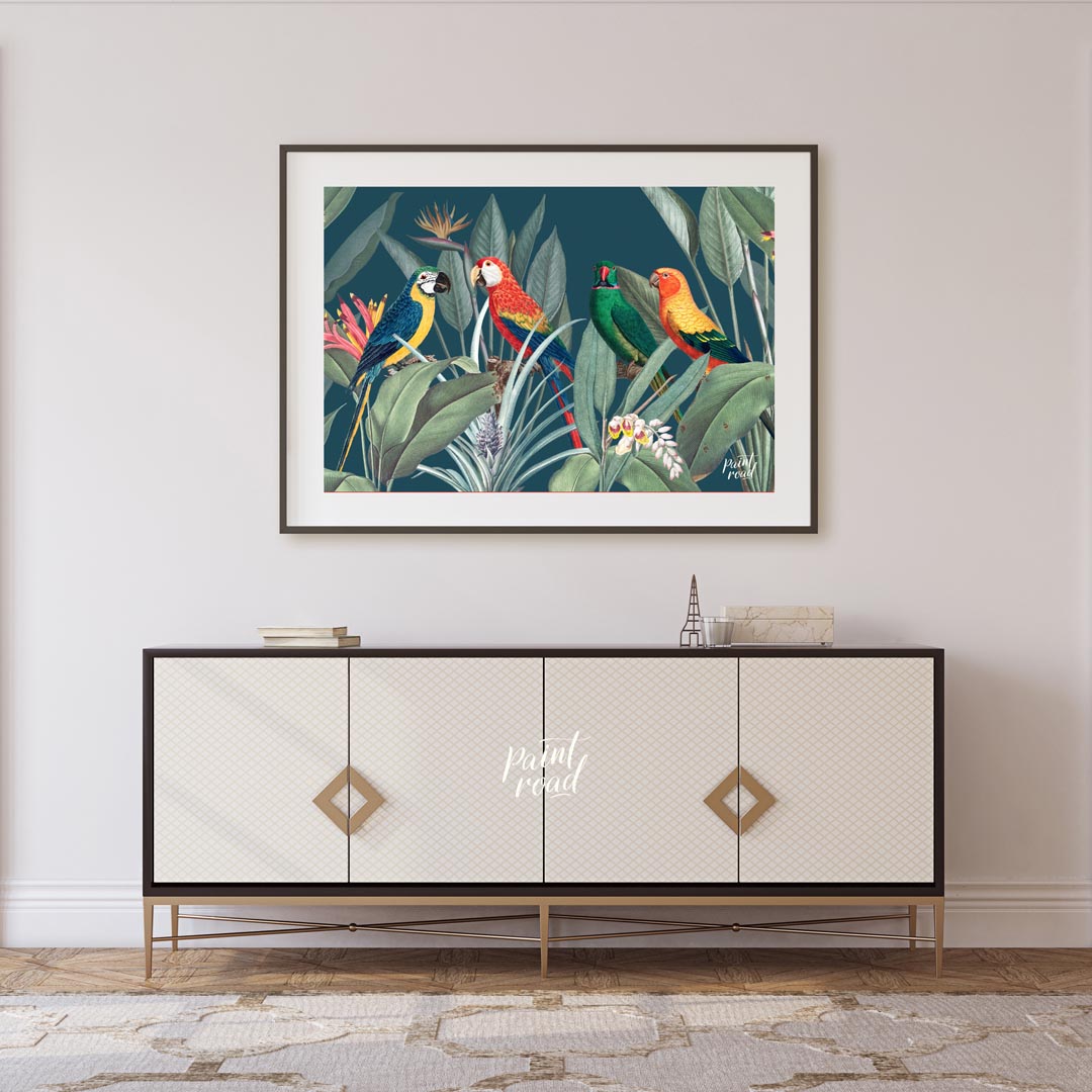 This vibrant and lush illustration captures a lively gathering of four colorful parrots amidst a ri… for living room