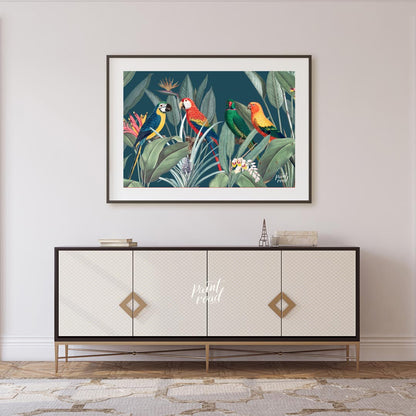 This vibrant and lush illustration captures a lively gathering of four colorful parrots amidst a ri… for living room