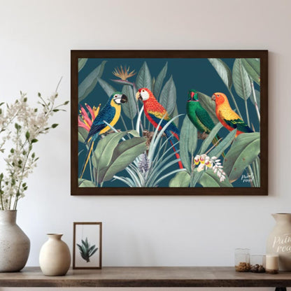 This vibrant and lush illustration captures a lively gathering of four colorful parrots amidst a ri… for living room