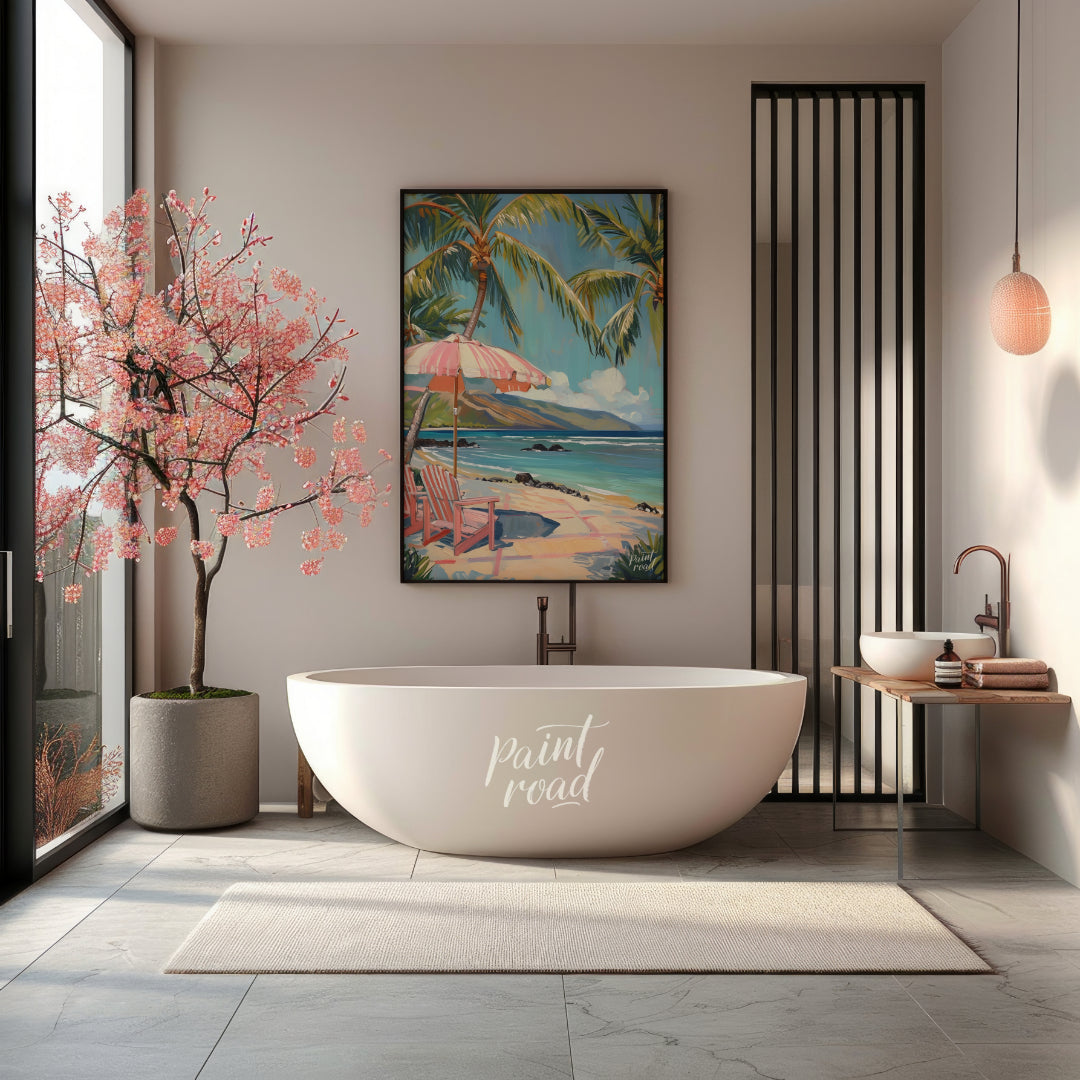 This beautiful painting evokes a serene beach scene with swaying palm trees, inviting you to unwind… for bathroom