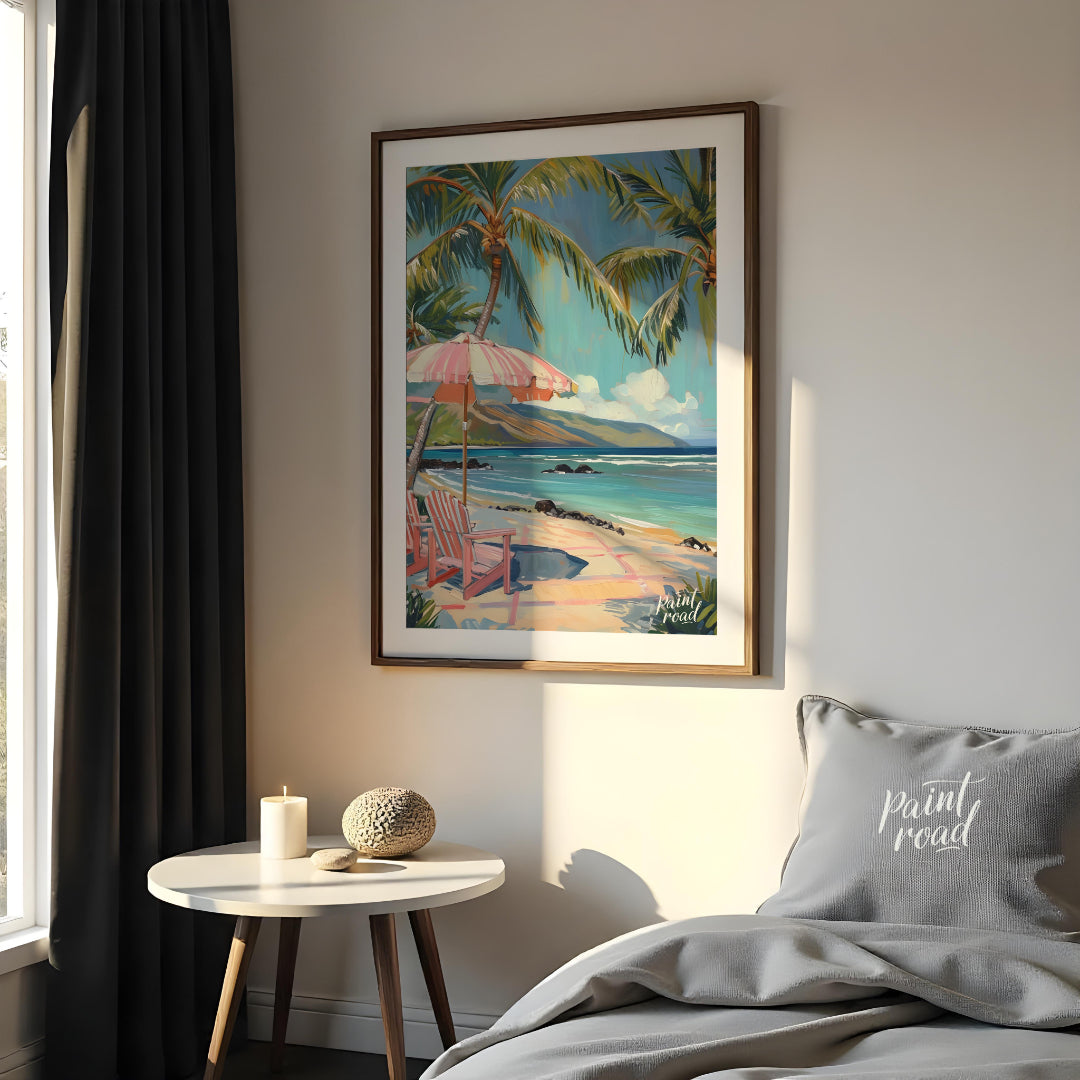 This beautiful painting evokes a serene beach scene with swaying palm trees, inviting you to unwind… for bedroom