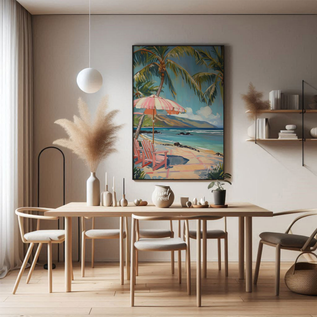 This beautiful painting evokes a serene beach scene with swaying palm trees, inviting you to unwind… for dining room