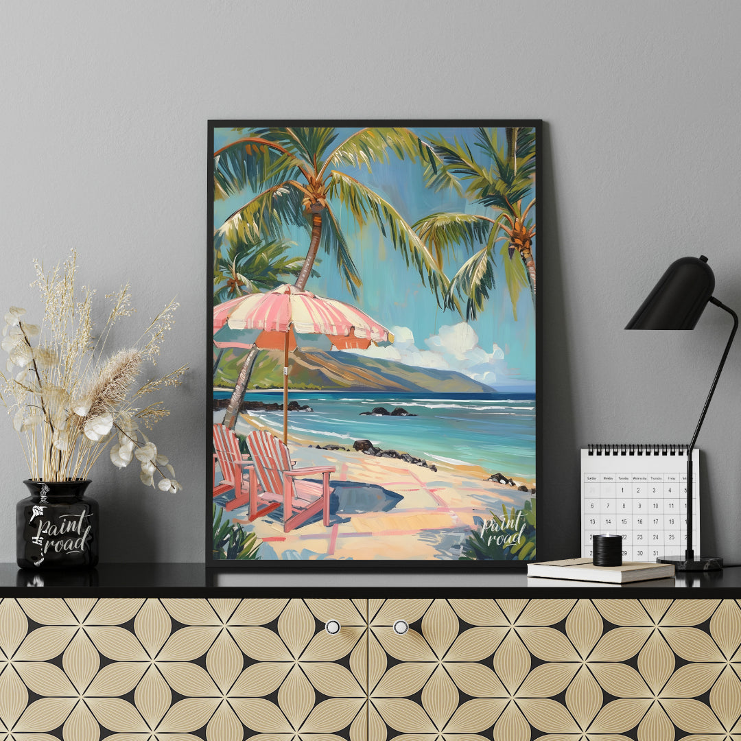 This beautiful painting evokes a serene beach scene with swaying palm trees, inviting you to unwind… for living room