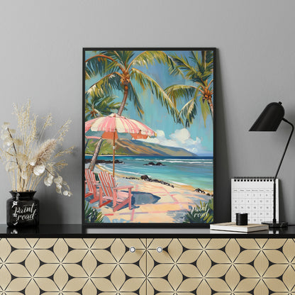 This beautiful painting evokes a serene beach scene with swaying palm trees, inviting you to unwind… for living room