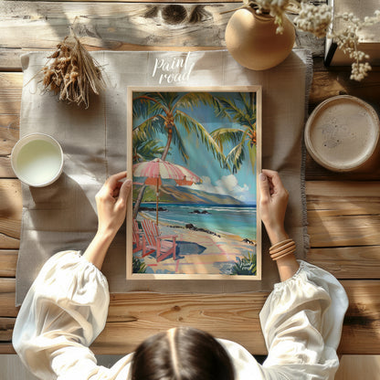 This beautiful painting evokes a serene beach scene with swaying palm trees, inviting you to unwind… for living room
