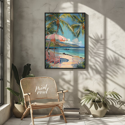 This beautiful painting evokes a serene beach scene with swaying palm trees, inviting you to unwind… for living room
