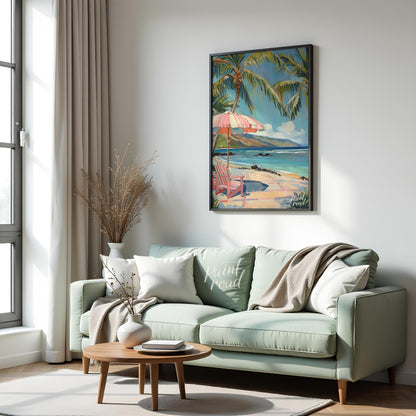 This beautiful painting evokes a serene beach scene with swaying palm trees, inviting you to unwind… for living room