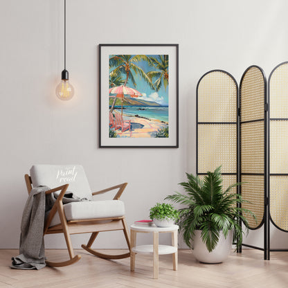 This beautiful painting evokes a serene beach scene with swaying palm trees, inviting you to unwind… for living room