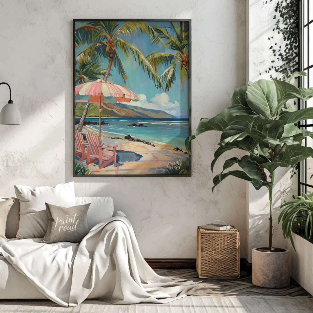 This beautiful painting evokes a serene beach scene with swaying palm trees, inviting you to unwind… for living room