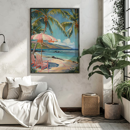 This beautiful painting evokes a serene beach scene with swaying palm trees, inviting you to unwind… for living room
