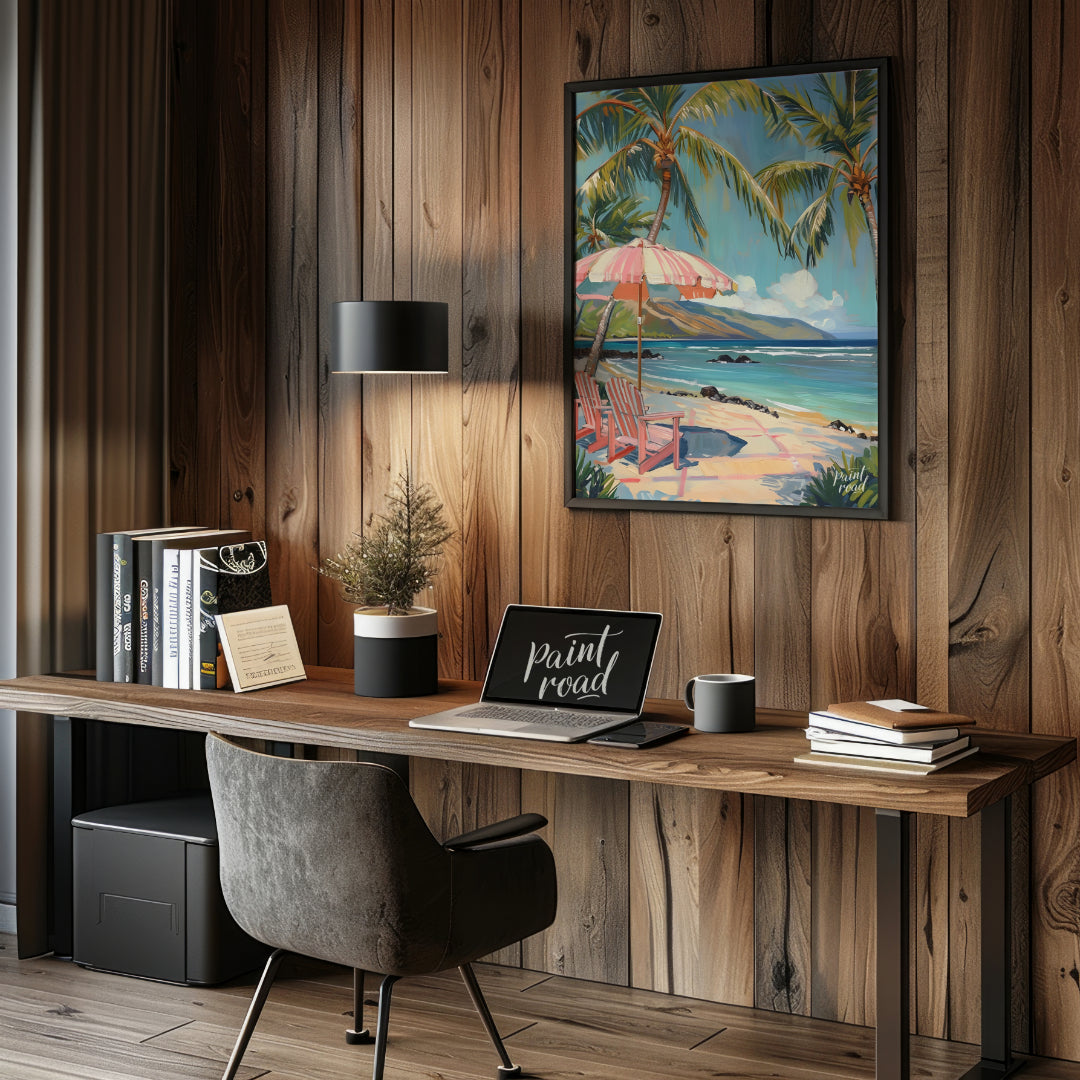 This beautiful painting evokes a serene beach scene with swaying palm trees, inviting you to unwind… for office