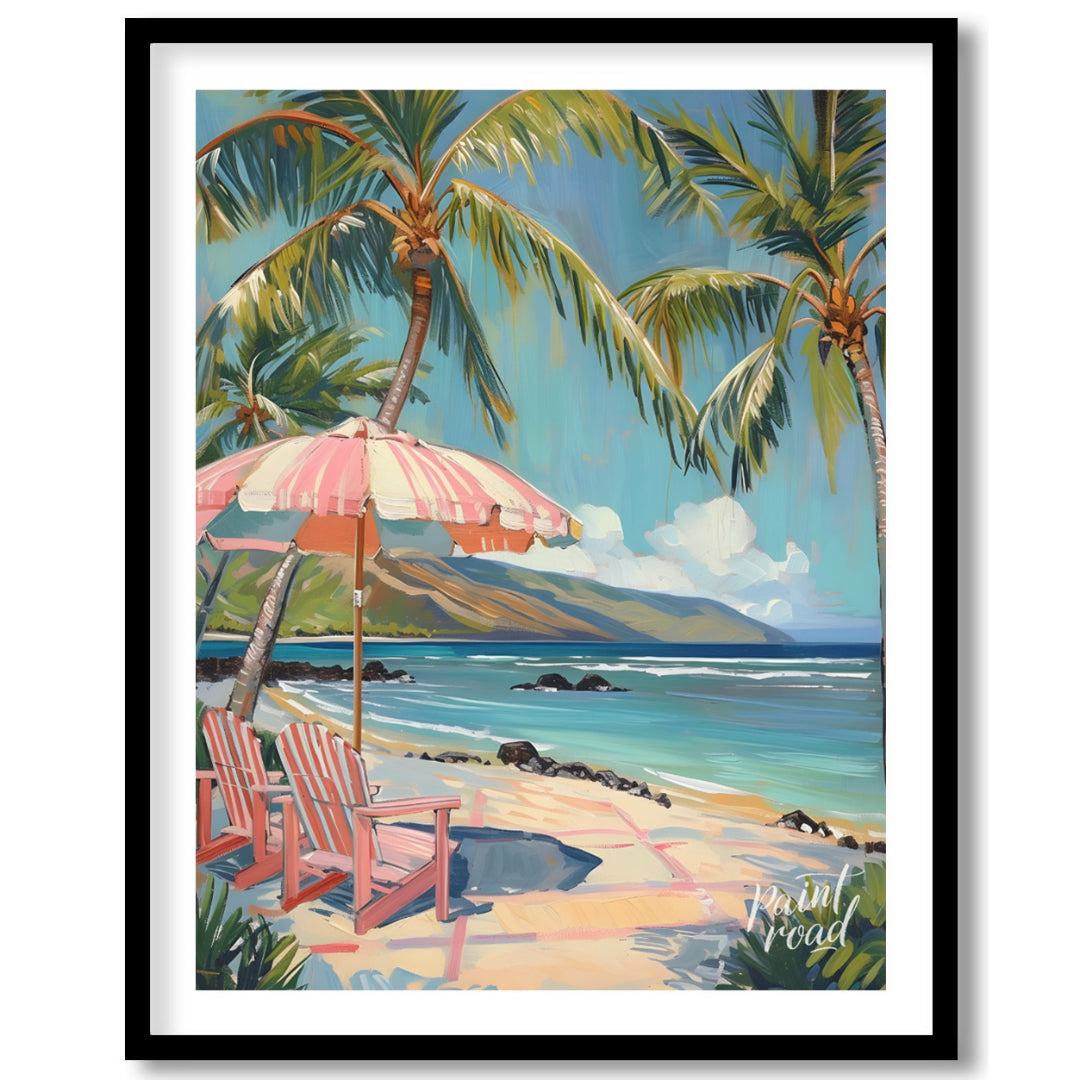 This beautiful painting evokes a serene beach scene with swaying palm trees, inviting you to unwind… for place
